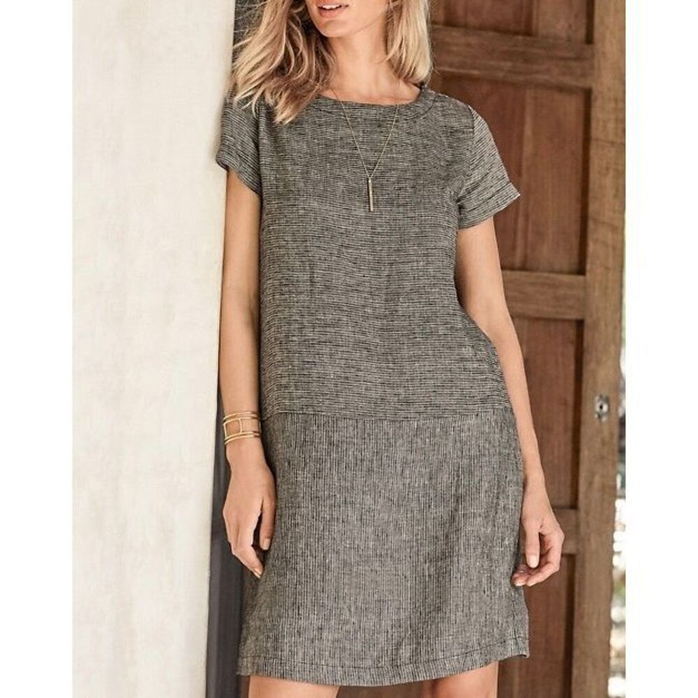 Garnet Hill Linen Dropwaist Dress size 10 Gray Mini Lagenlook Short Sleeve